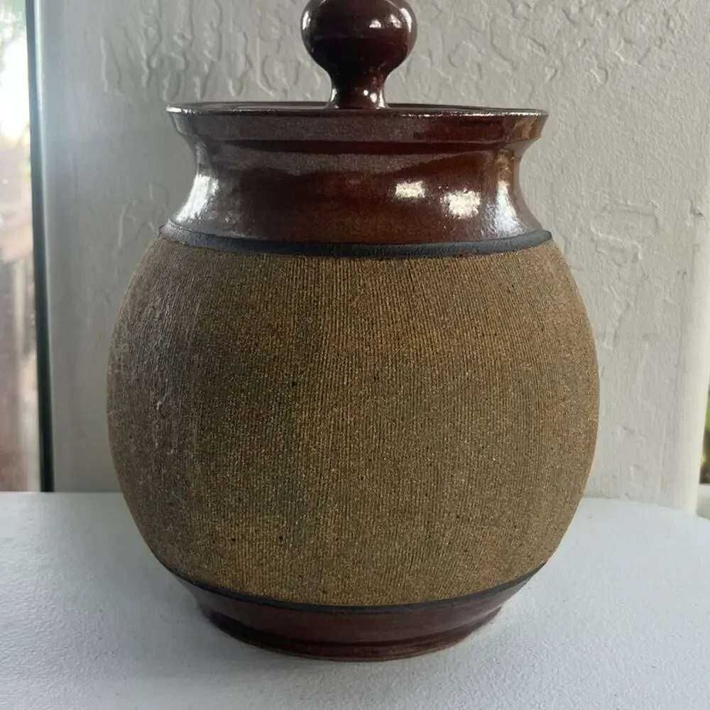 Art Studio Pottery Handmade Stoneware Lidded Storage Jar Artist Signed Brown Vtg